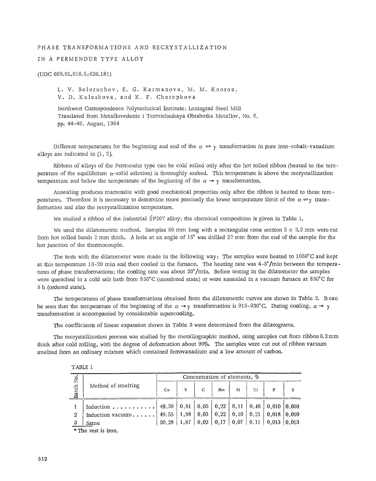 Phase transformations and recrystallization in a permendur type alloy by Unknown
