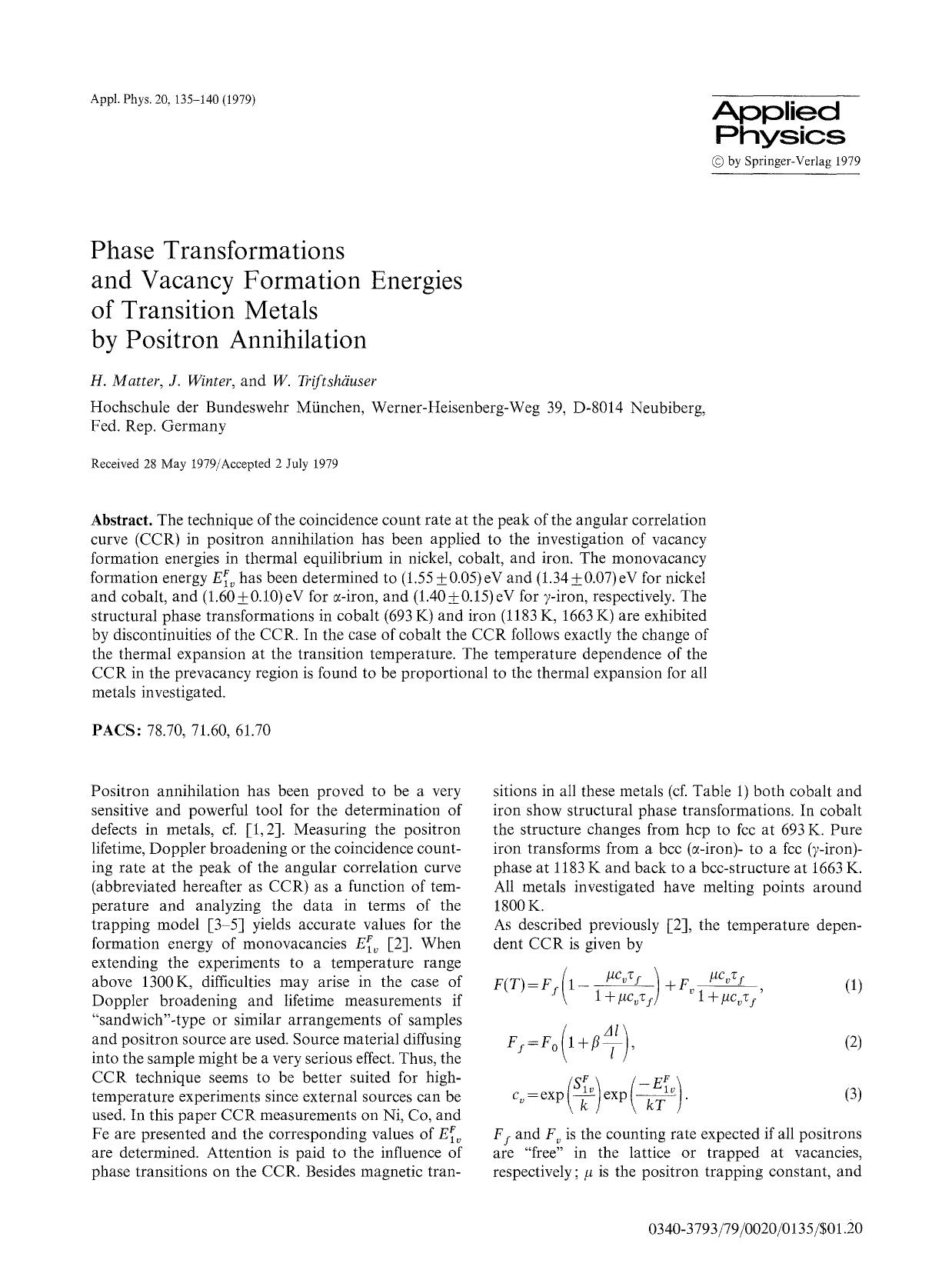 Phase transformations and vacancy formation energies of transition metals by positron annihilation by Unknown