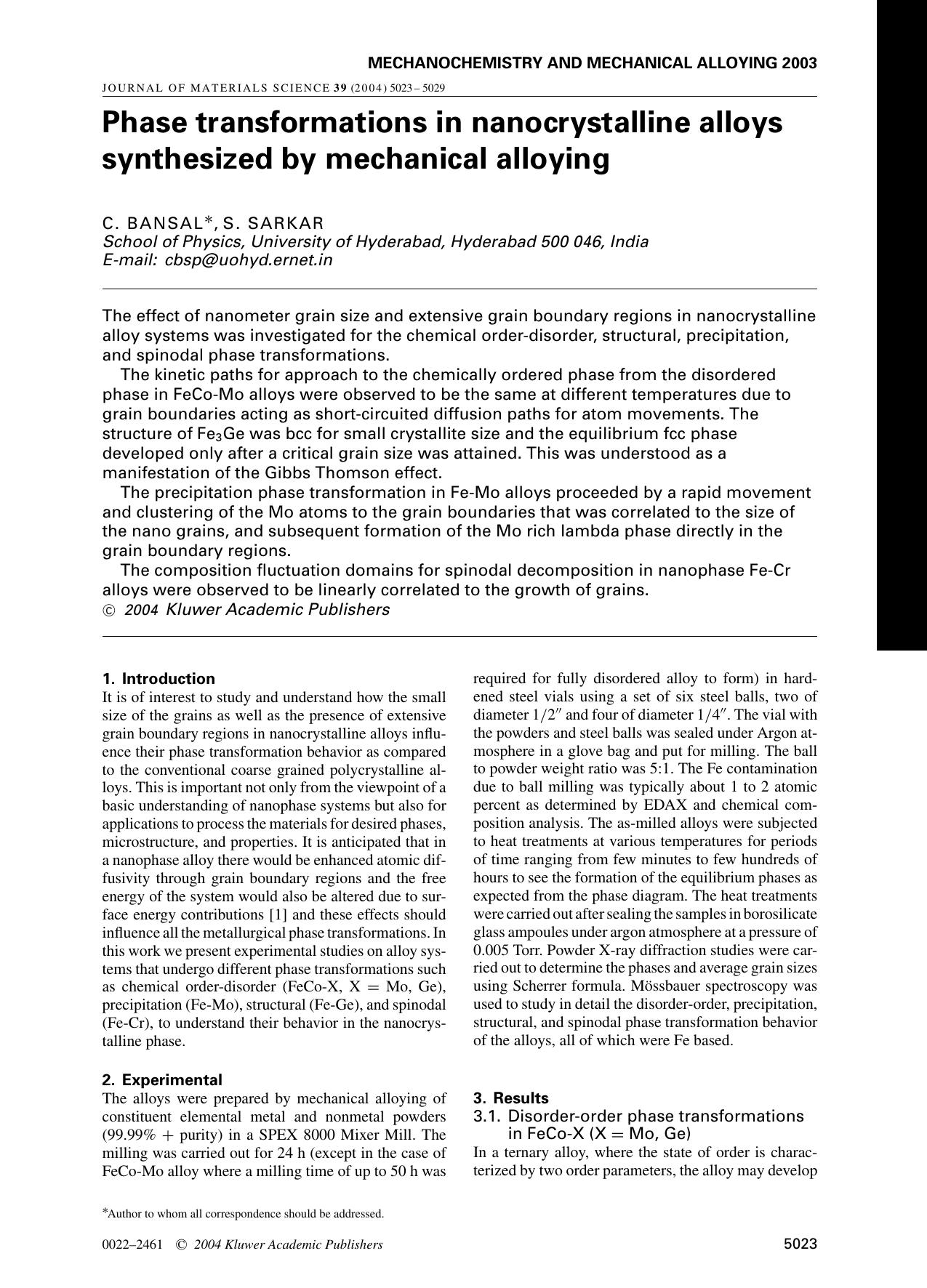 Phase transformations in nanocrystalline alloys synthesized by mechanical alloying by Unknown