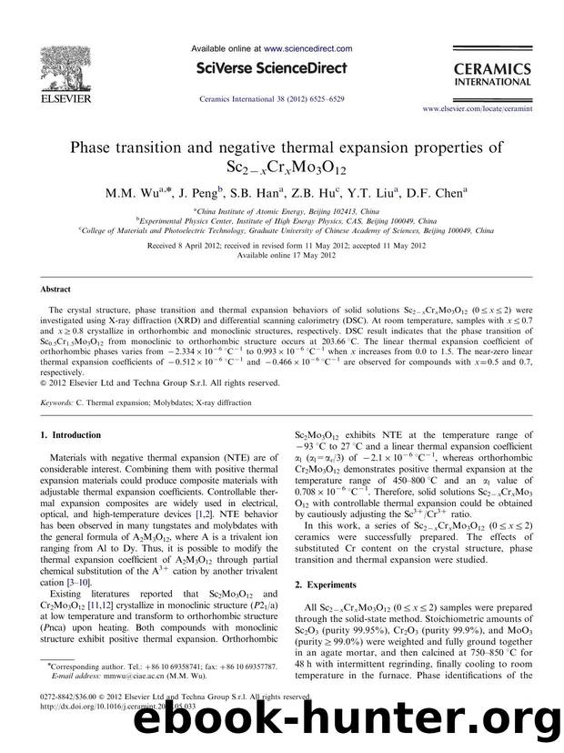 Phase transition and negative thermal expansion properties of Sc2âxCrxMo3O12 by M.M. Wu & J. Peng & S.B. Han & Z.B. Hu & Y.T. Liu & D.F. Chen
