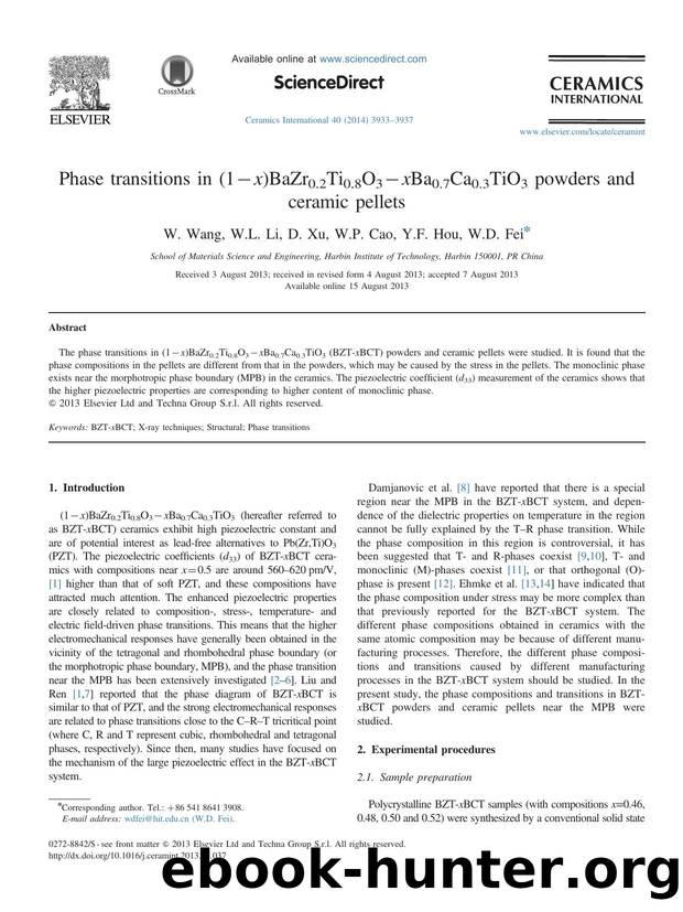 Phase transitions in (1âx)BaZr0.2Ti0.8O3âxBa0.7Ca0.3TiO3 powders and ceramic pellets by W. Wang & W.L. Li & D. Xu & W.P. Cao & Y.F. Hou & W.D. Fei