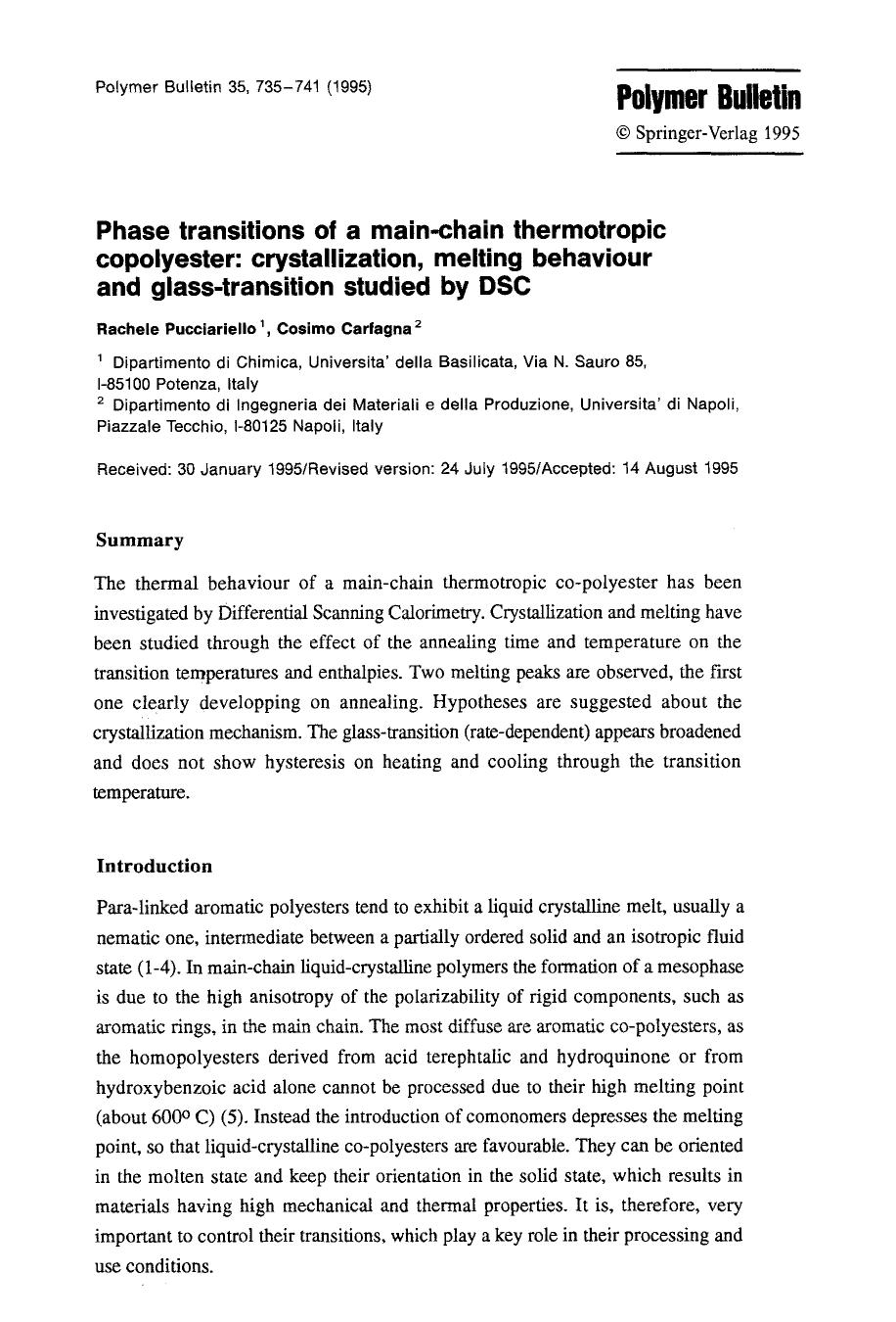 Phase transitions of a main-chain thermotropic copolyester: crystallization, melting behaviour and glass-transition studied by DSC by Unknown