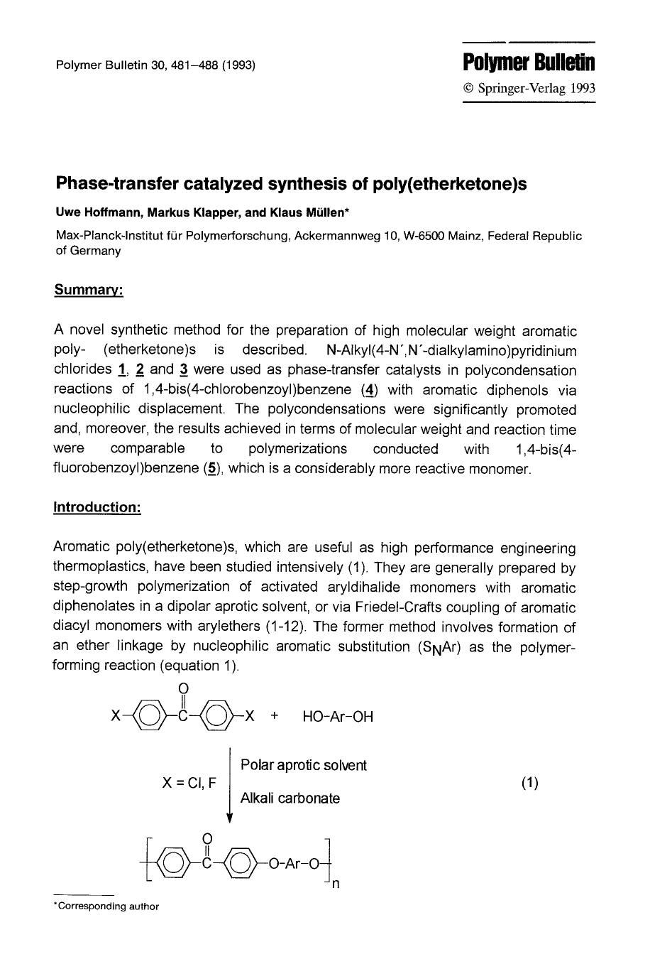 Phase-transfer catalyzed synthesis of poly(etherketone)s by Unknown