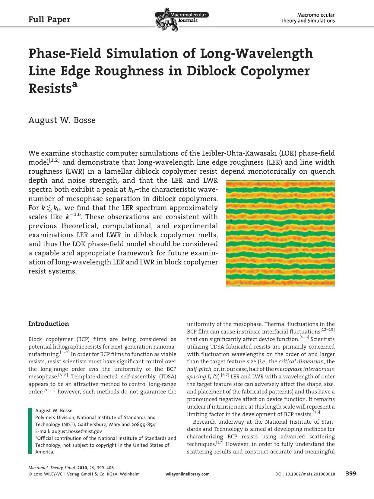 PhaseField Simulation of LongWavelength Line Edge Roughness in Diblock Copolymer Resists by Unknown