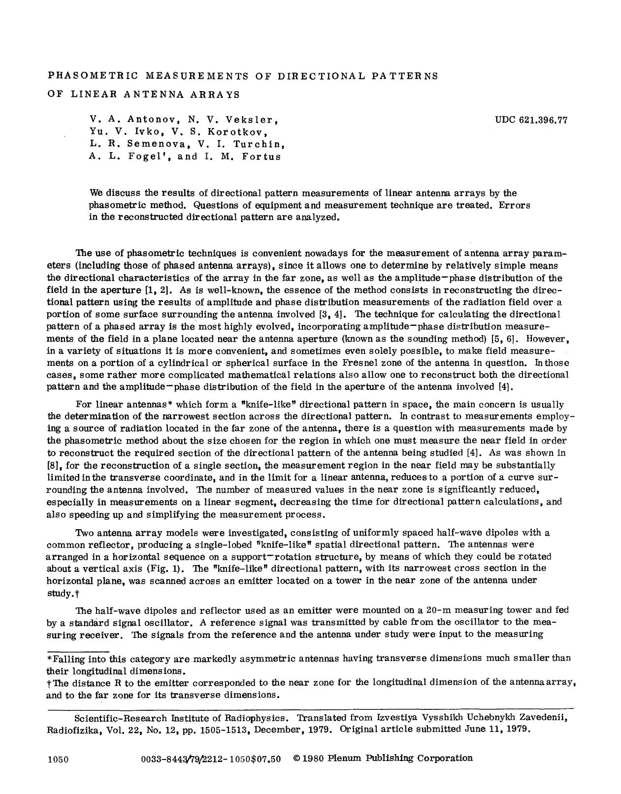 Phasometric measurements of directional patterns of linear antenna arrays by Unknown