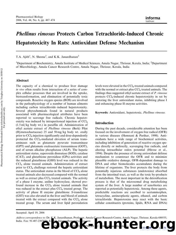 Phellinus rimosus. Protects Carbon Tetrachloride-Induced Chronic Hepatotoxicity In Rats: Antioxidant Defense Mechanism by T.A. Ajith N. Sheena & K.K. Janardhanan