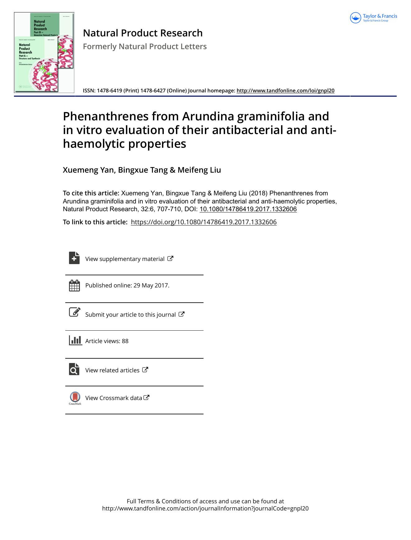 Phenanthrenes from Arundina graminifolia and in vitro evaluation of their antibacterial and anti-haemolytic properties by Xuemeng Yan & Bingxue Tang & Meifeng Liu