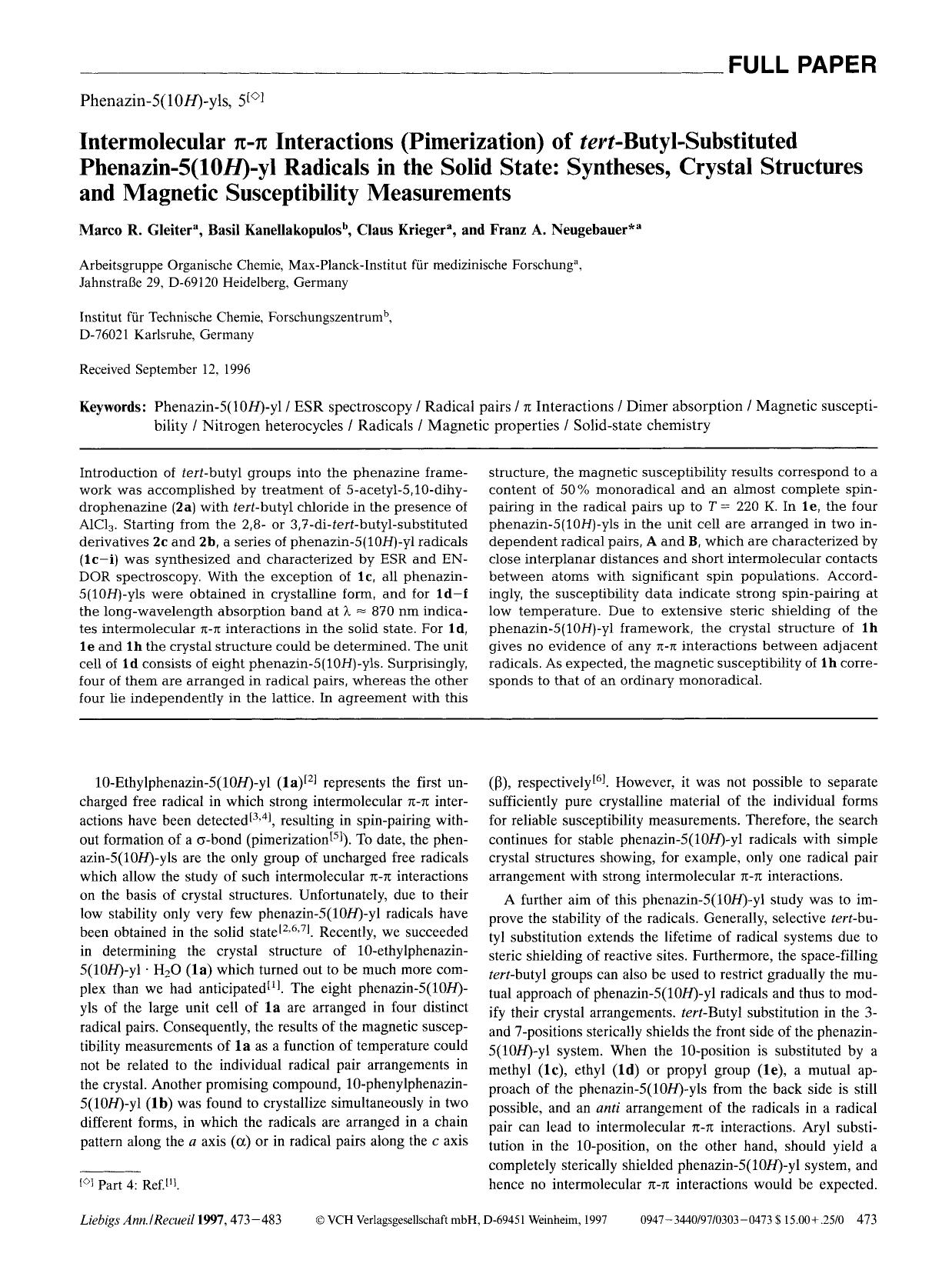 Phenazin-5(10H)-yls, 5. - Intermolecular [pi]-[pi] Interactions (Pimerization) of tert-Butyl-Substituted Phenazin-5(10H)-yl Radicals in The Solid State: Syntheses, Crystal Structur by Unknown