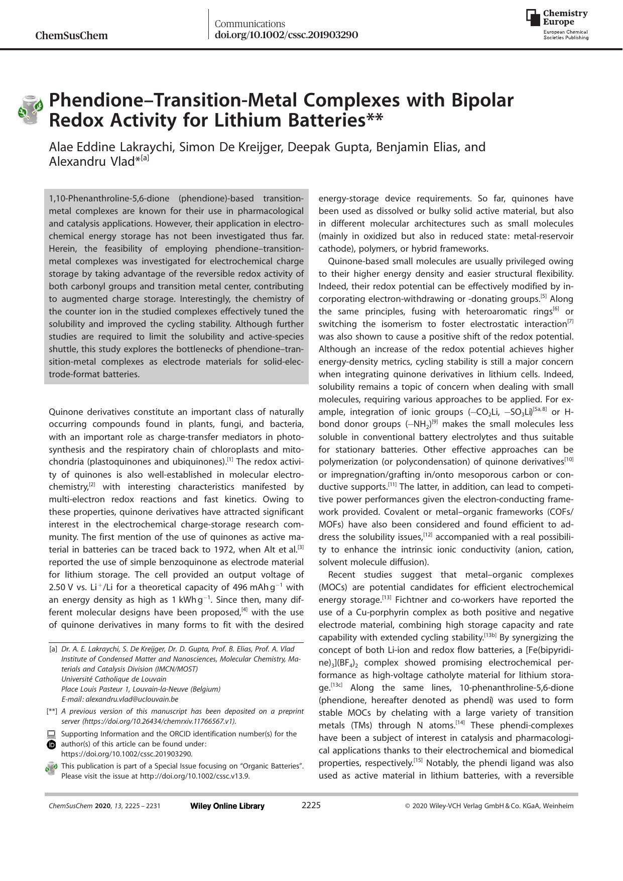 PhendioneâTransitionâMetal Complexes with Bipolar Redox Activity for Lithium Batteries by Unknown
