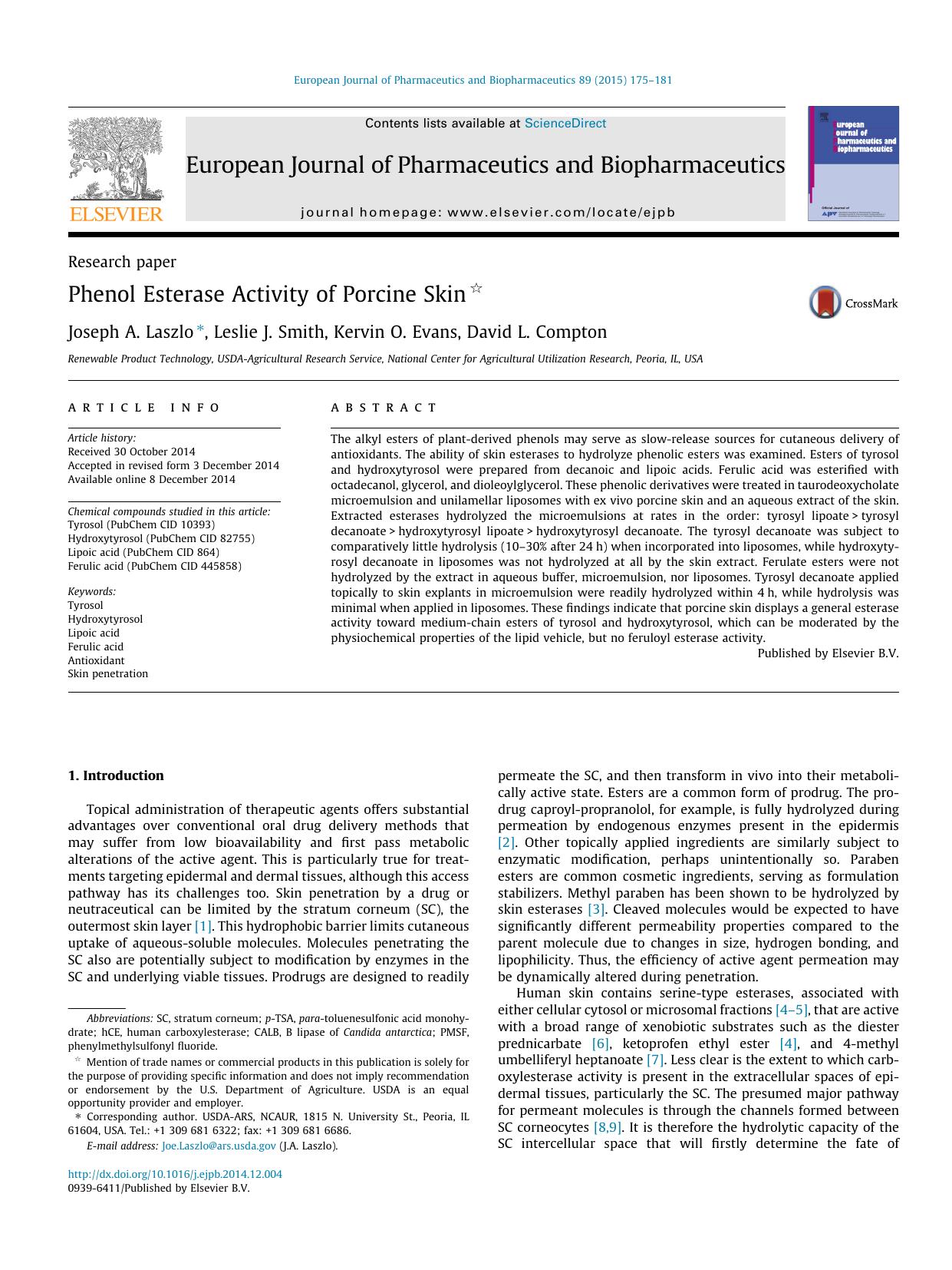 Phenol Esterase Activity of Porcine Skin by Joseph A. Laszlo & Leslie J. Smith & Kervin O. Evans & David L. Compton