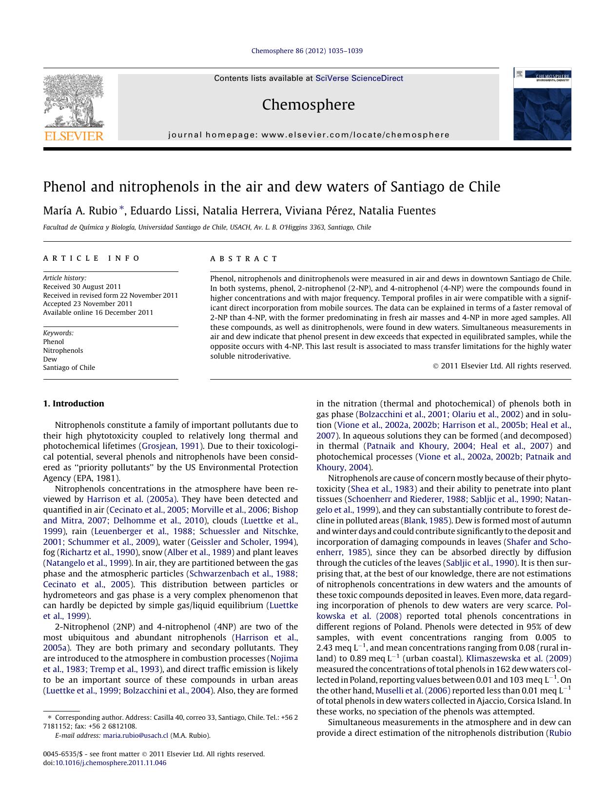 Phenol and nitrophenols in the air and dew waters of Santiago de Chile by MarÃ­a A. Rubio & Eduardo Lissi & Natalia Herrera & Viviana Pérez & Natalia Fuentes