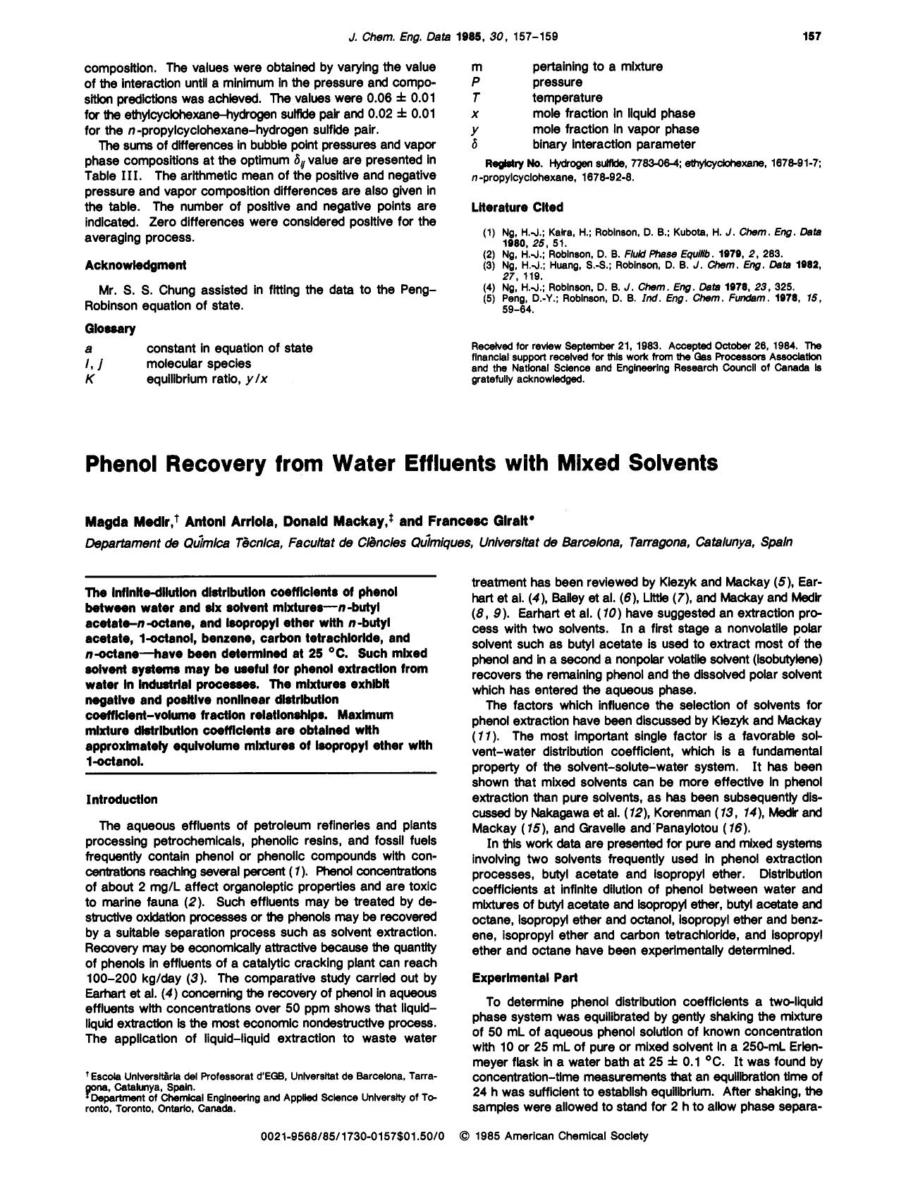 Phenol recovery from water effluents with mixed solvents by Magda Medir Antoni Arriola Donald Mackay Francesc Giralt
