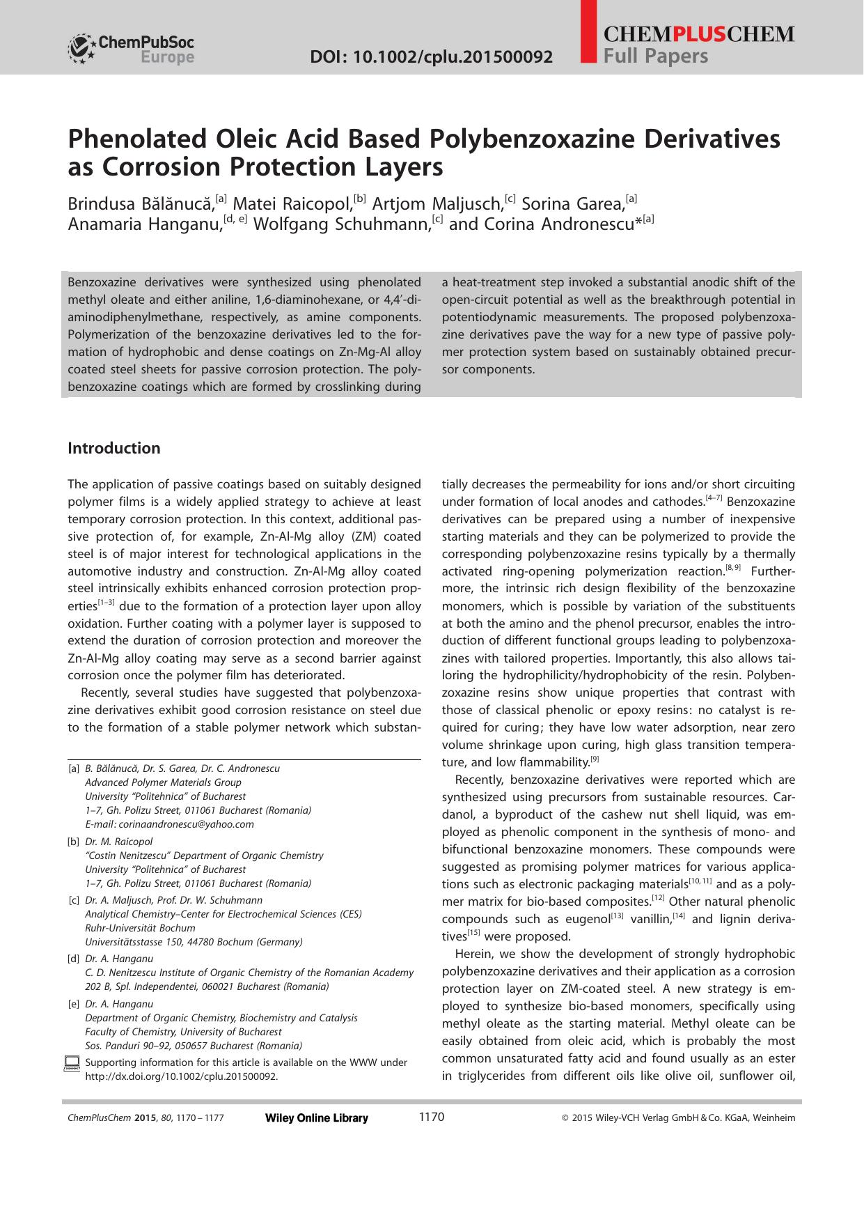 Phenolated Oleic Acid Based Polybenzoxazine Derivatives as Corrosion Protection Layers by Unknown