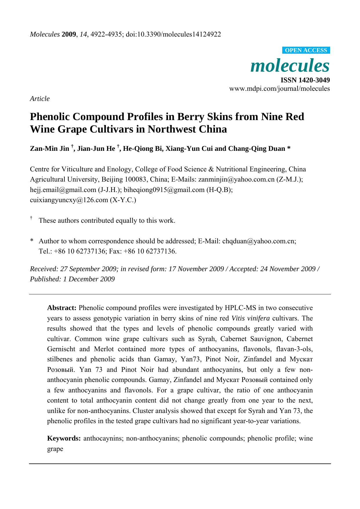 Phenolic Compound Profiles in Berry Skins from Nine Red Wine Grape Cultivars in Northwest China by Zan-Min Jin & Jian-Jun He & He-Qiong Bi & Xiang-Yun Cui & Chang-Qing Duan