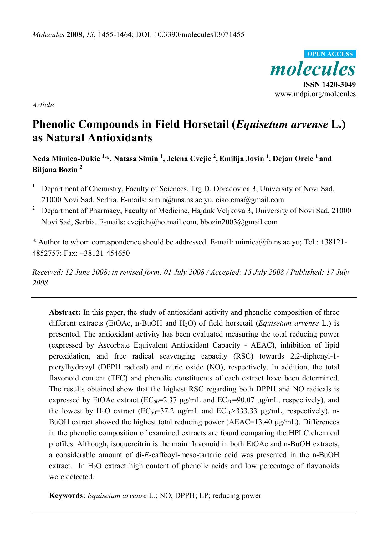 Phenolic Compounds in Field Horsetail (Equisetum arvense L.) as Natural Antioxidants by Neda Mimica-Dukic & Natasa Simin & Jelena Cvejic & Emilija Jovin & Dejan Orcic & Biljana Bozin