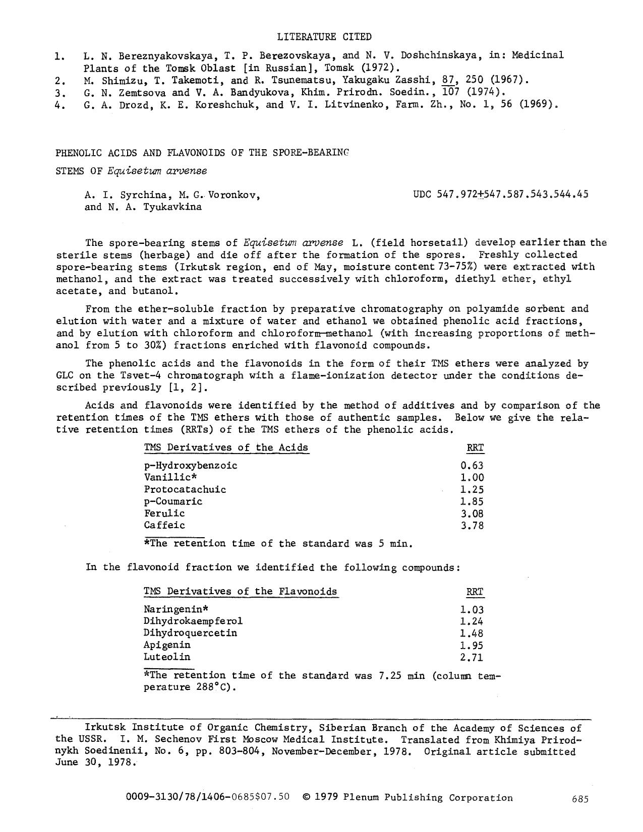Phenolic acids and flavonoids of the spore-bearing stems of <Emphasis Type="Italic">Equisetum arvense <Emphasis> by Unknown