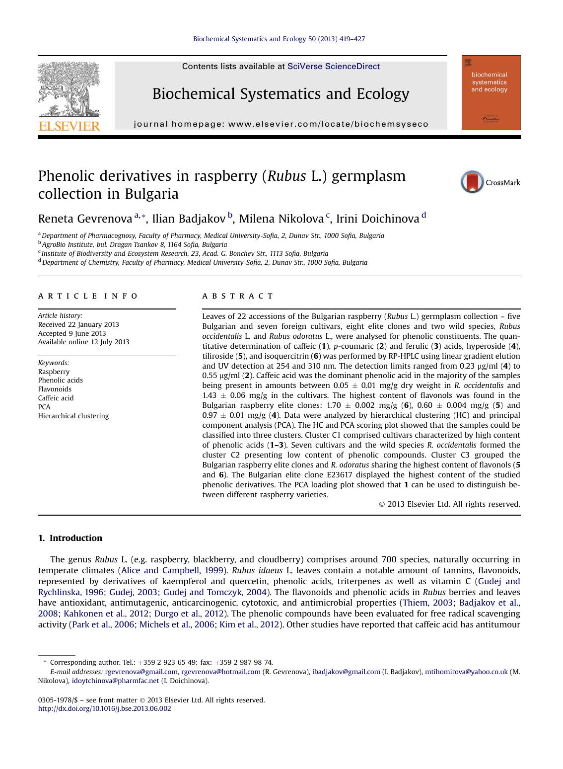 Phenolic derivatives in raspberry (Rubus L.) germplasm collection in Bulgaria by Reneta Gevrenova & Ilian Badjakov & Milena Nikolova & Irini Doichinova