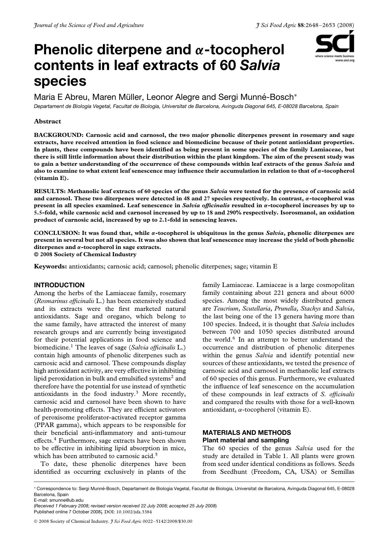 Phenolic diterpene and [alpha]-tocopherol contents in leaf extracts of 60 Salvia species by Unknown
