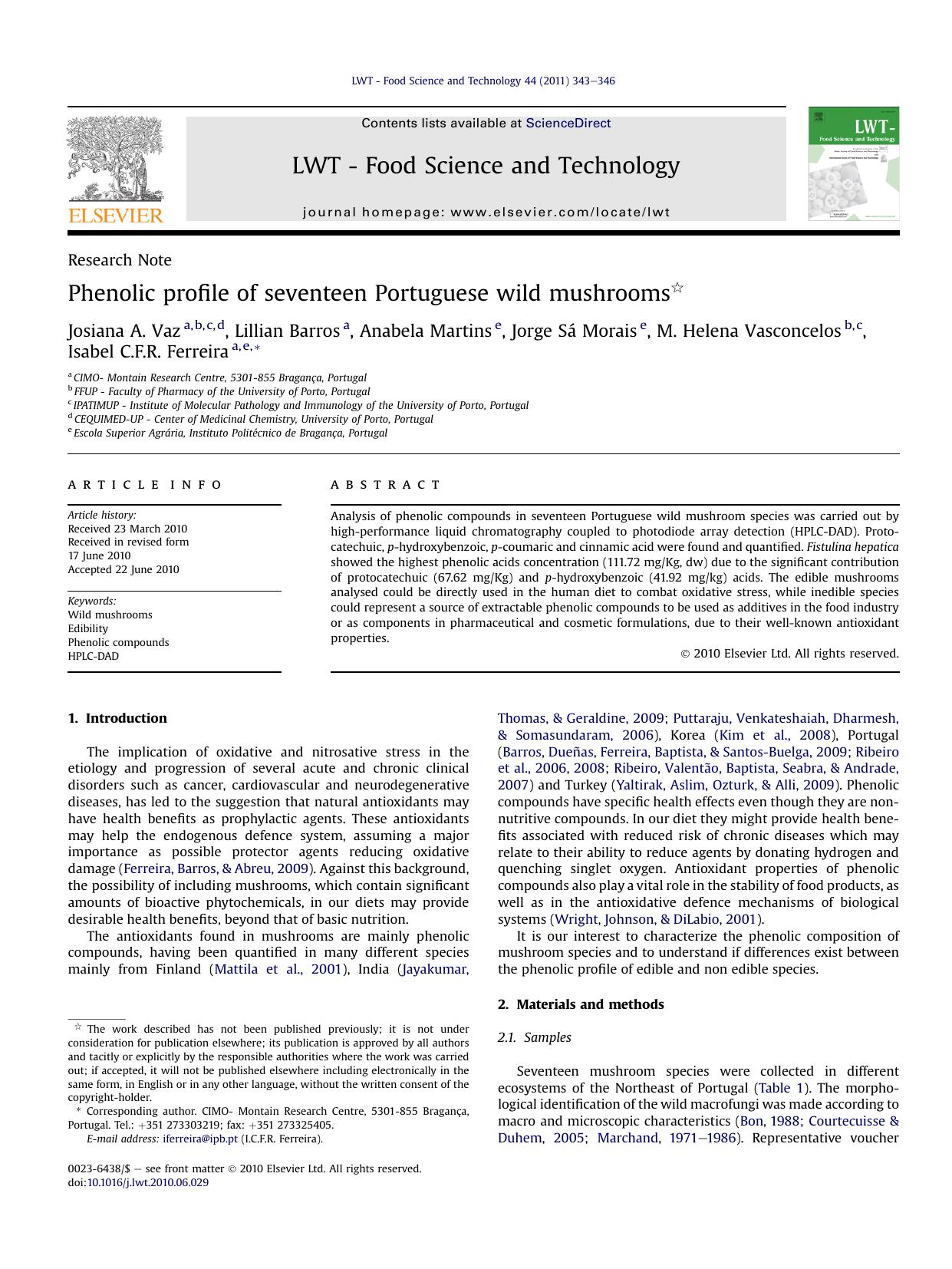 Phenolic profile of seventeen Portuguese wild mushrooms by unknow