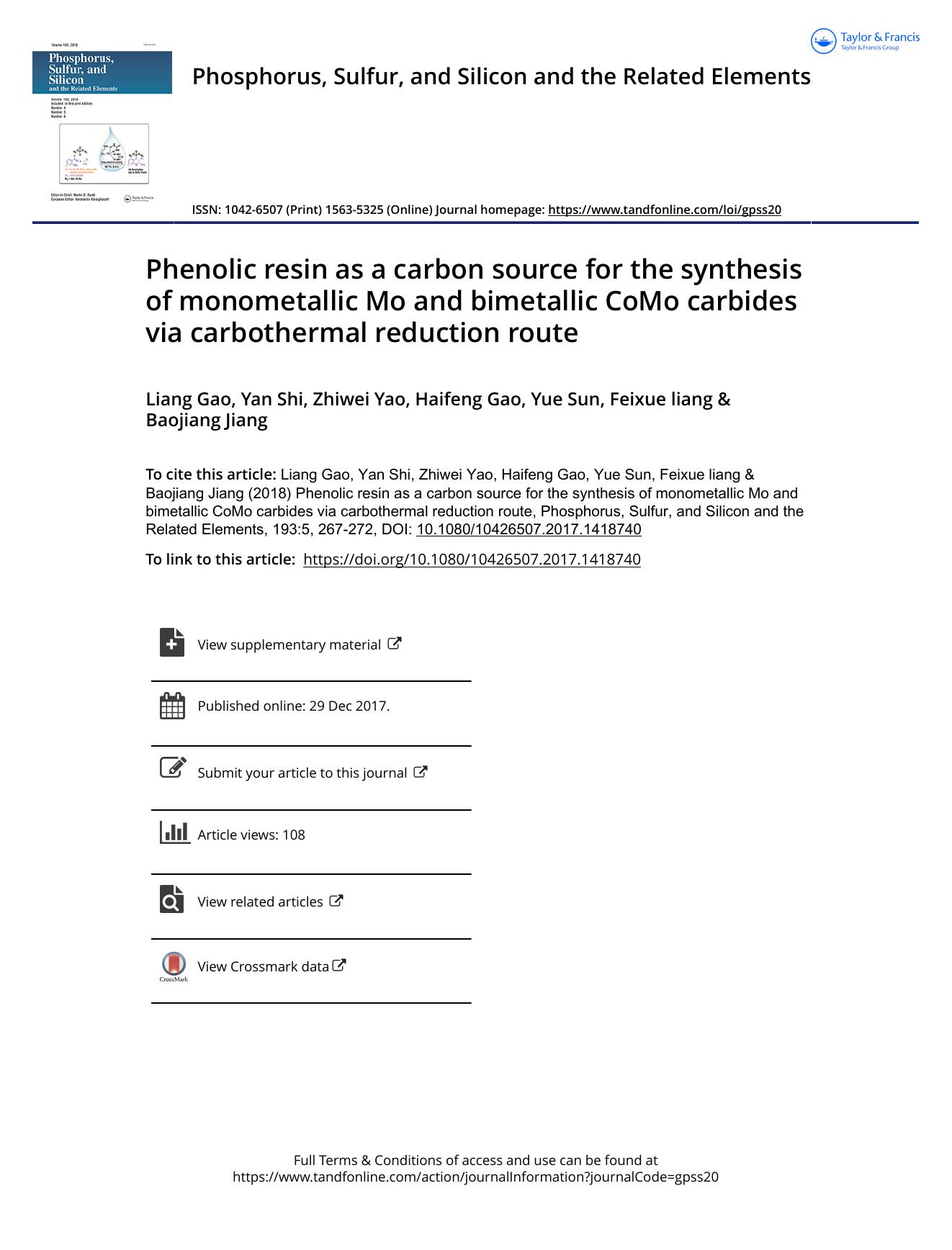 Phenolic resin as a carbon source for the synthesis of monometallic Mo and bimetallic CoMo carbides via carbothermal reduction route by Liang Gao & Yan Shi & Zhiwei Yao & Haifeng Gao & Yue Sun & Feixue liang & Baojiang Jiang