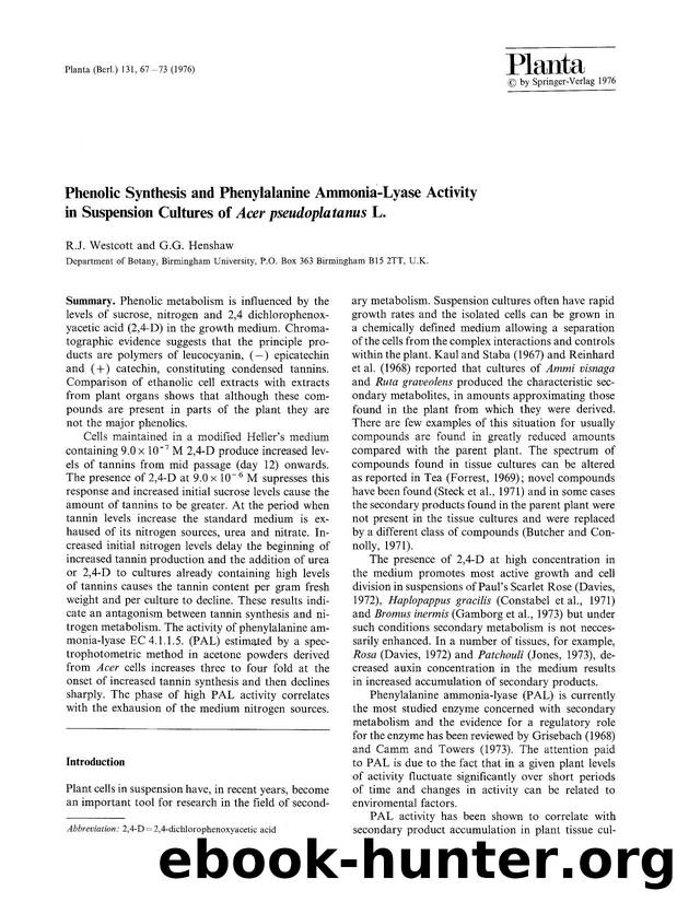 Phenolic synthesis and phenylalanine ammonia-lyase activity in suspension cultures of <Emphasis Type="Italic">Acer pseudoplatanus<Emphasis> L. by Unknown