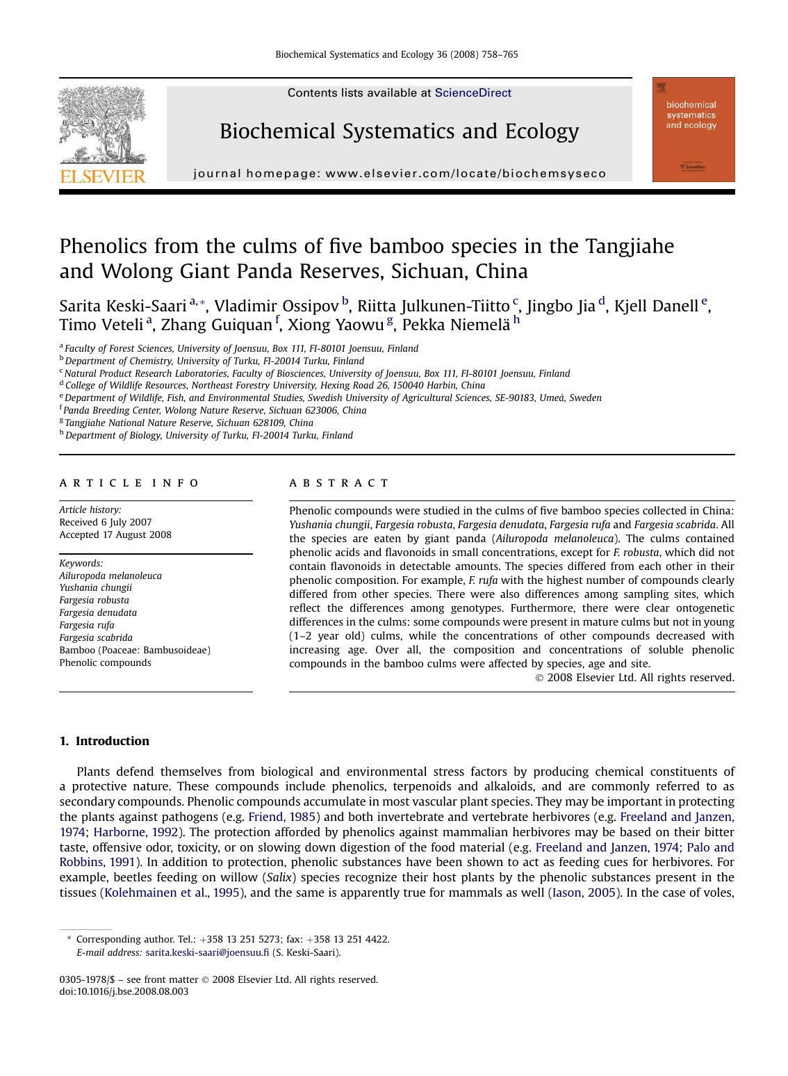 Phenolics from the culms of five bamboo species in the Tangjiahe and Wolong Giant Panda Reserves, Sichuan, China by unknow