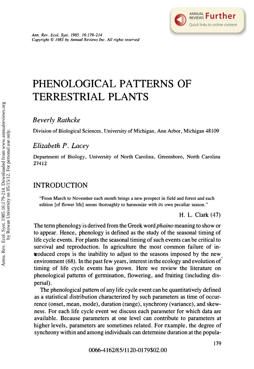 Phenological Patterns of Terrestrial Plants by B Rathcke & and E P Lacey