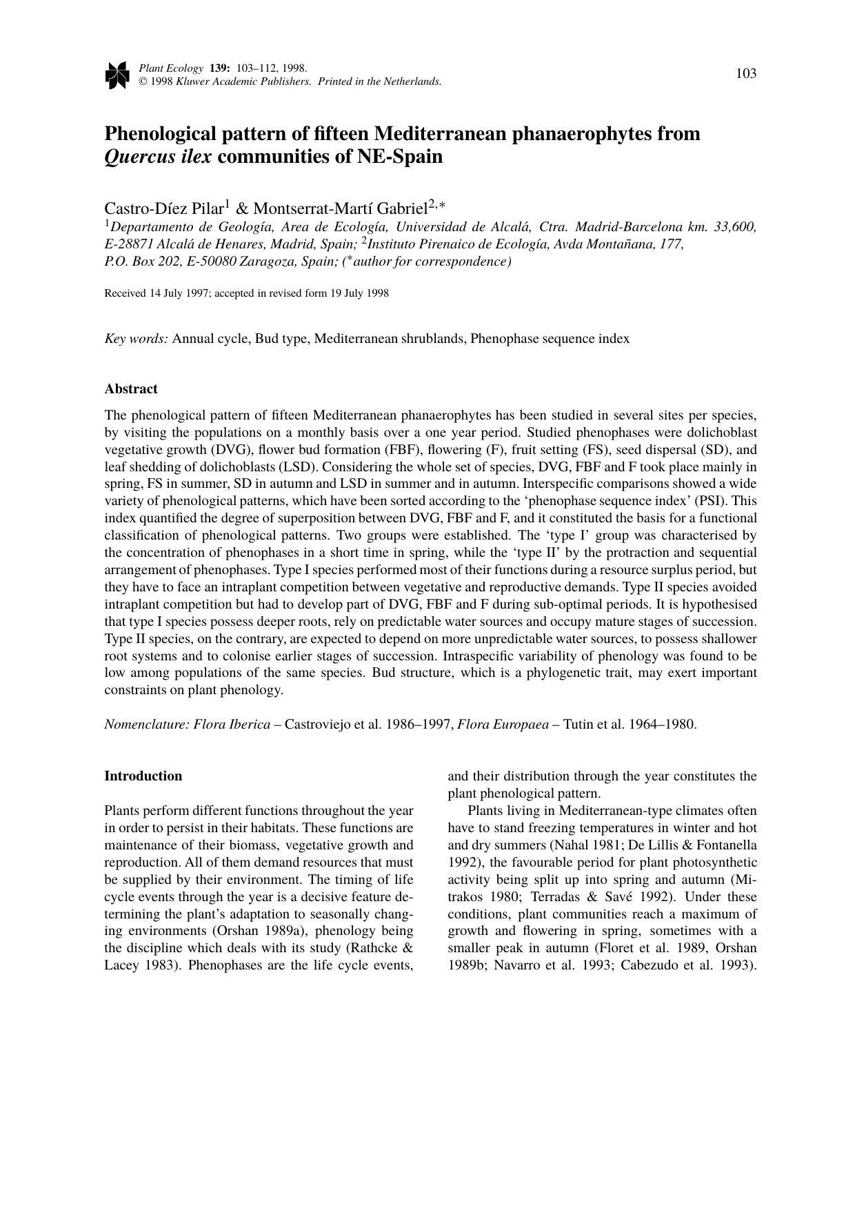 Phenological pattern of fifteen Mediterranean phanaerophytes from shape Quercus ilex communities of NE-Spain by Unknown