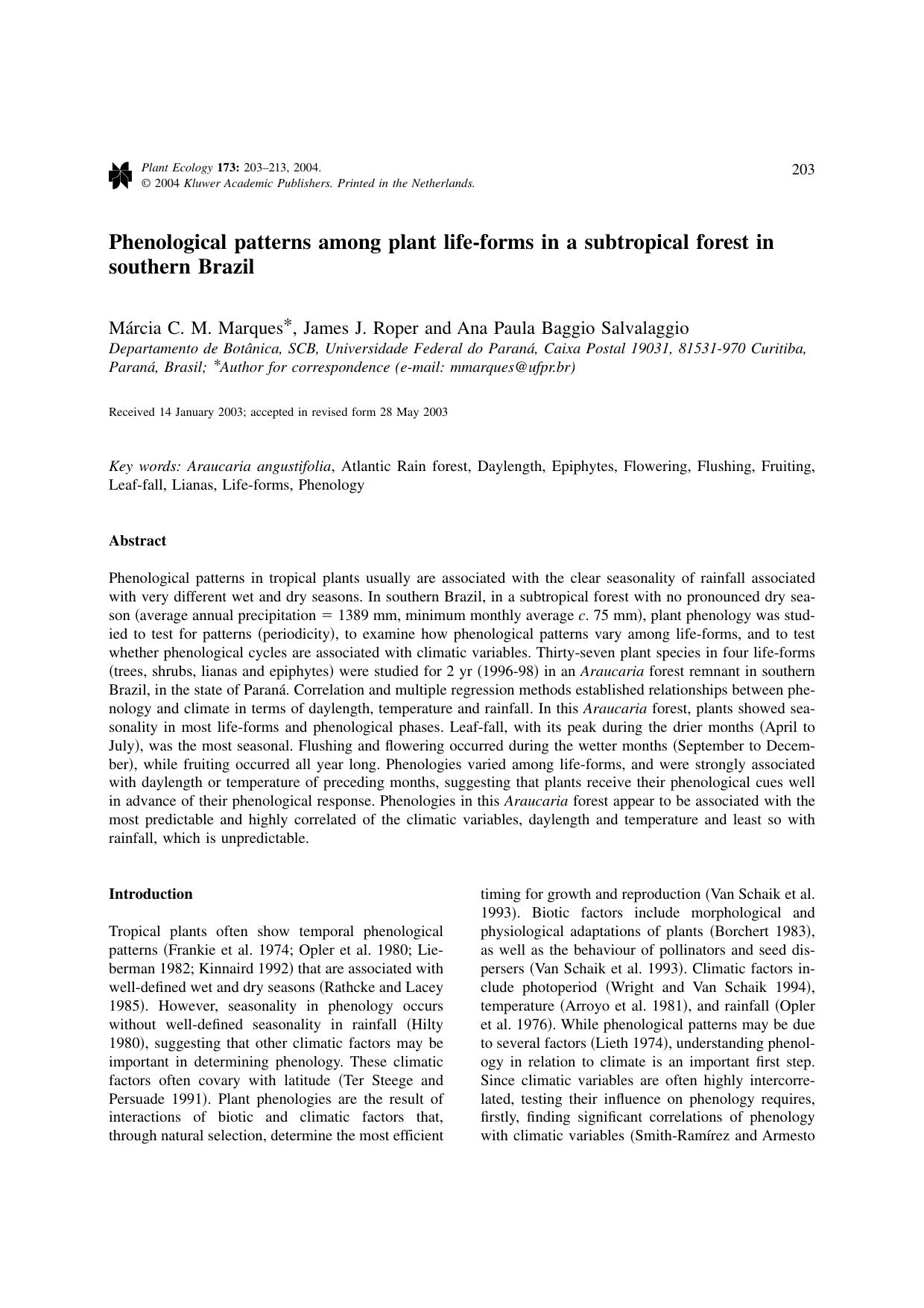 Phenological patterns among plant life-forms in a subtropical forest in southern Brazil by Unknown