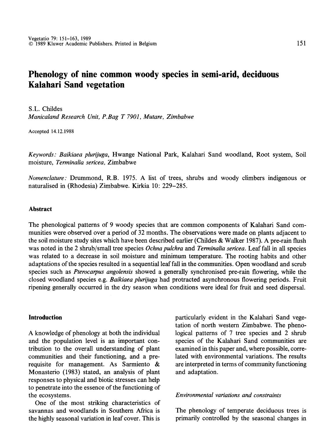 Phenology of nine common woody species in semi-arid, deciduous Kalahari Sand vegetation by Unknown