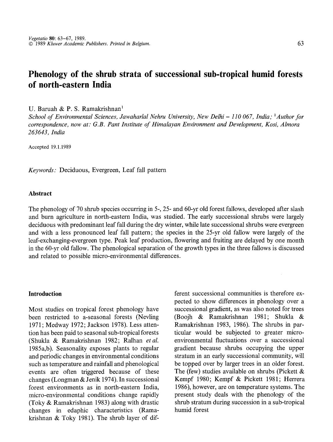 Phenology of the shrub strata of successional sub-tropical humid forests of north-eastern India by Unknown