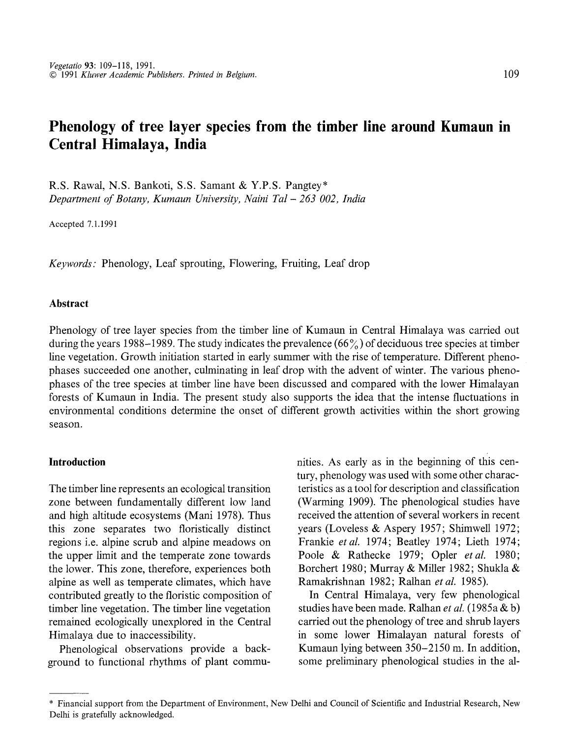 Phenology of tree layer species from the timber line around Kumaun in Central Himalaya, India by Unknown