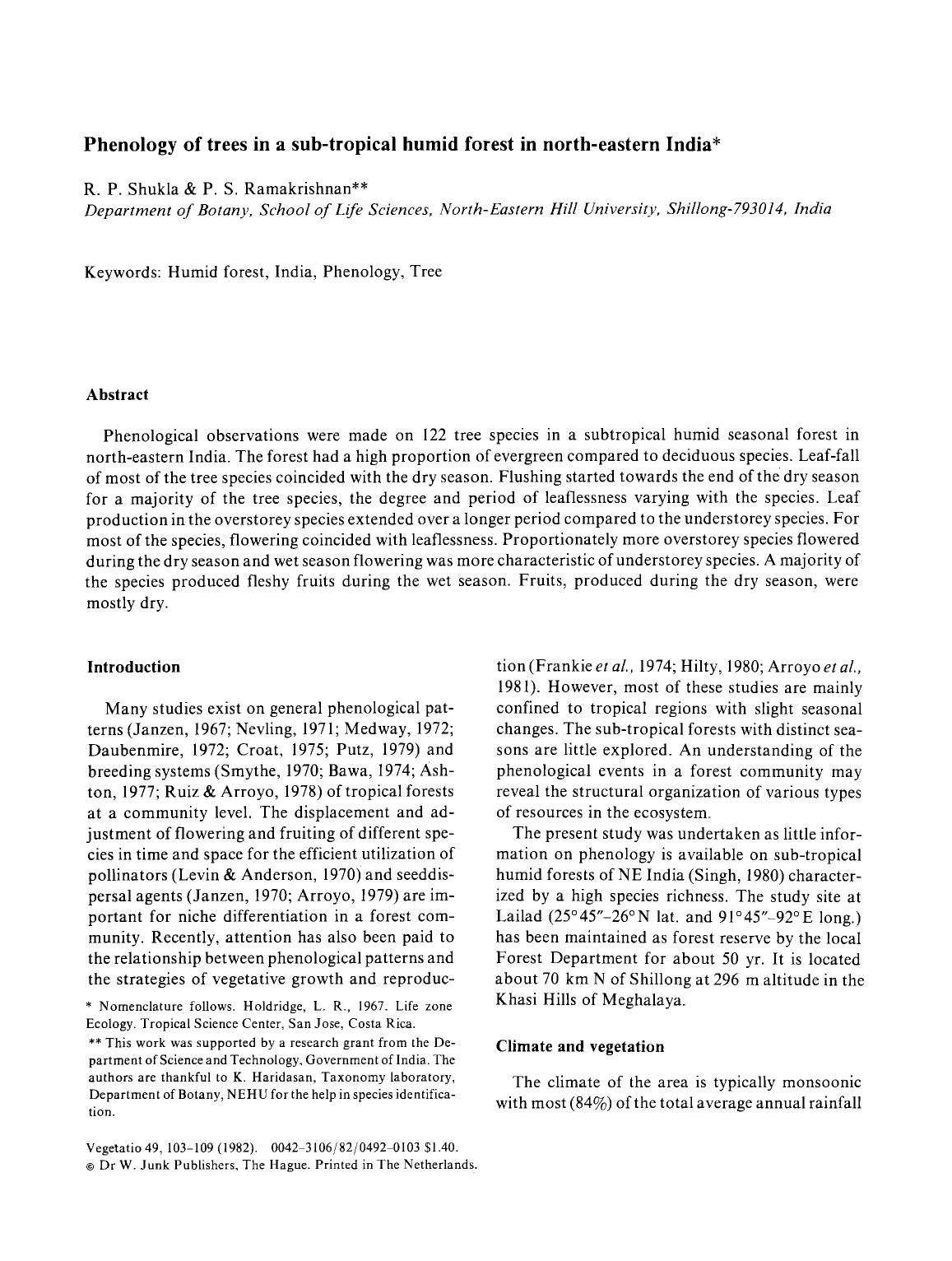 Phenology of trees in a sub-tropical humid forest in north-eastern India by Unknown