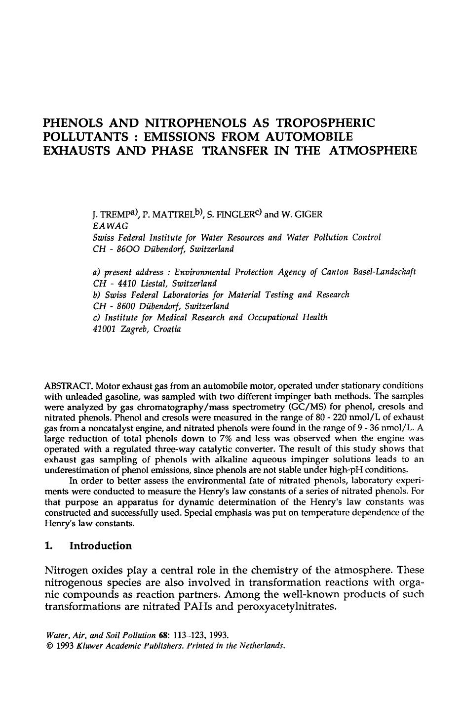 Phenols and nitrophenols as tropospheric pollutants: Emissions from automobile exhausts and phase transfer in the atmosphere by Unknown