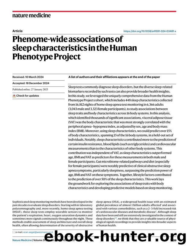 Phenome-wide associations of sleep characteristics in the Human Phenotype Project by unknow