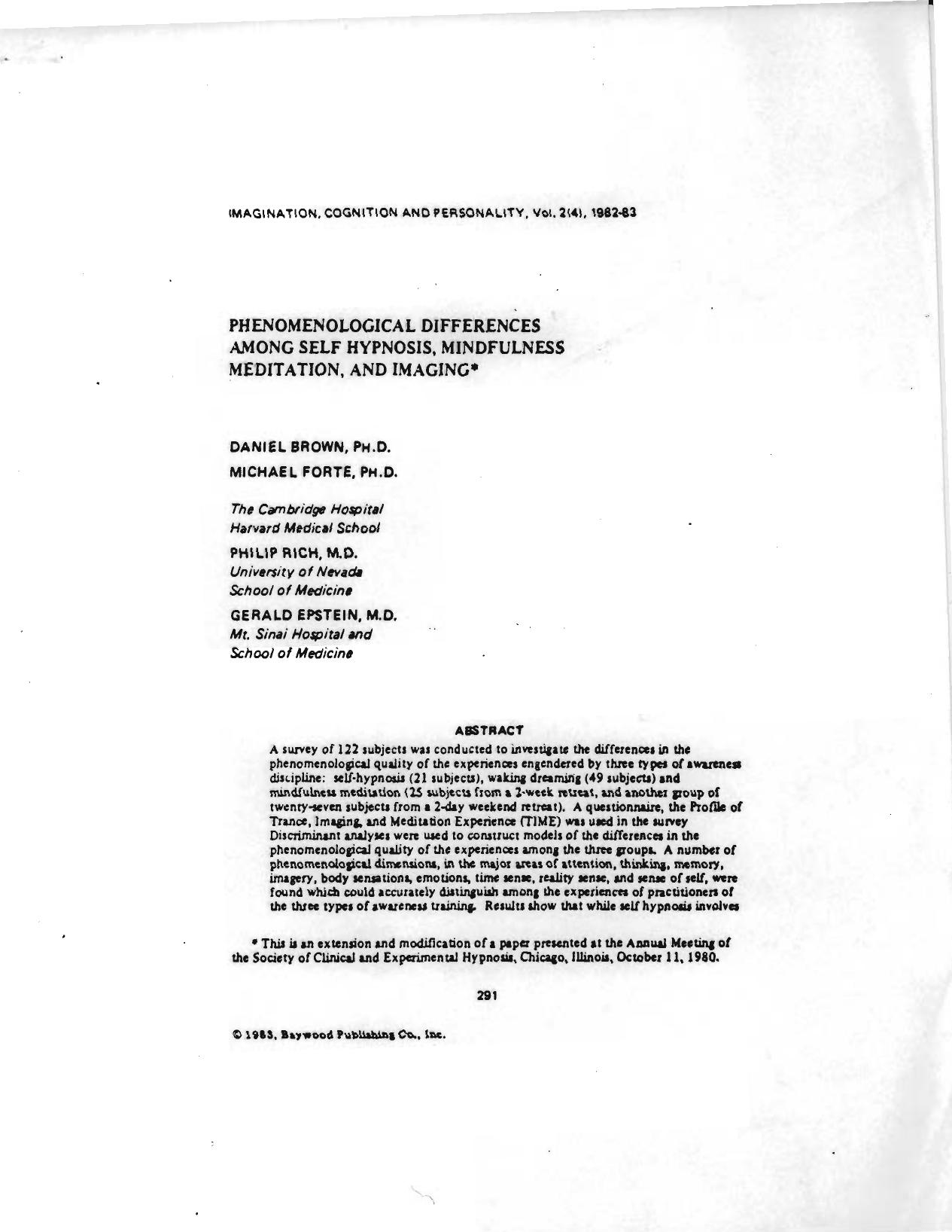 Phenomenological Differences among SelfâHypnosis, Mindfulness Meditation, and Imaging by Unknown