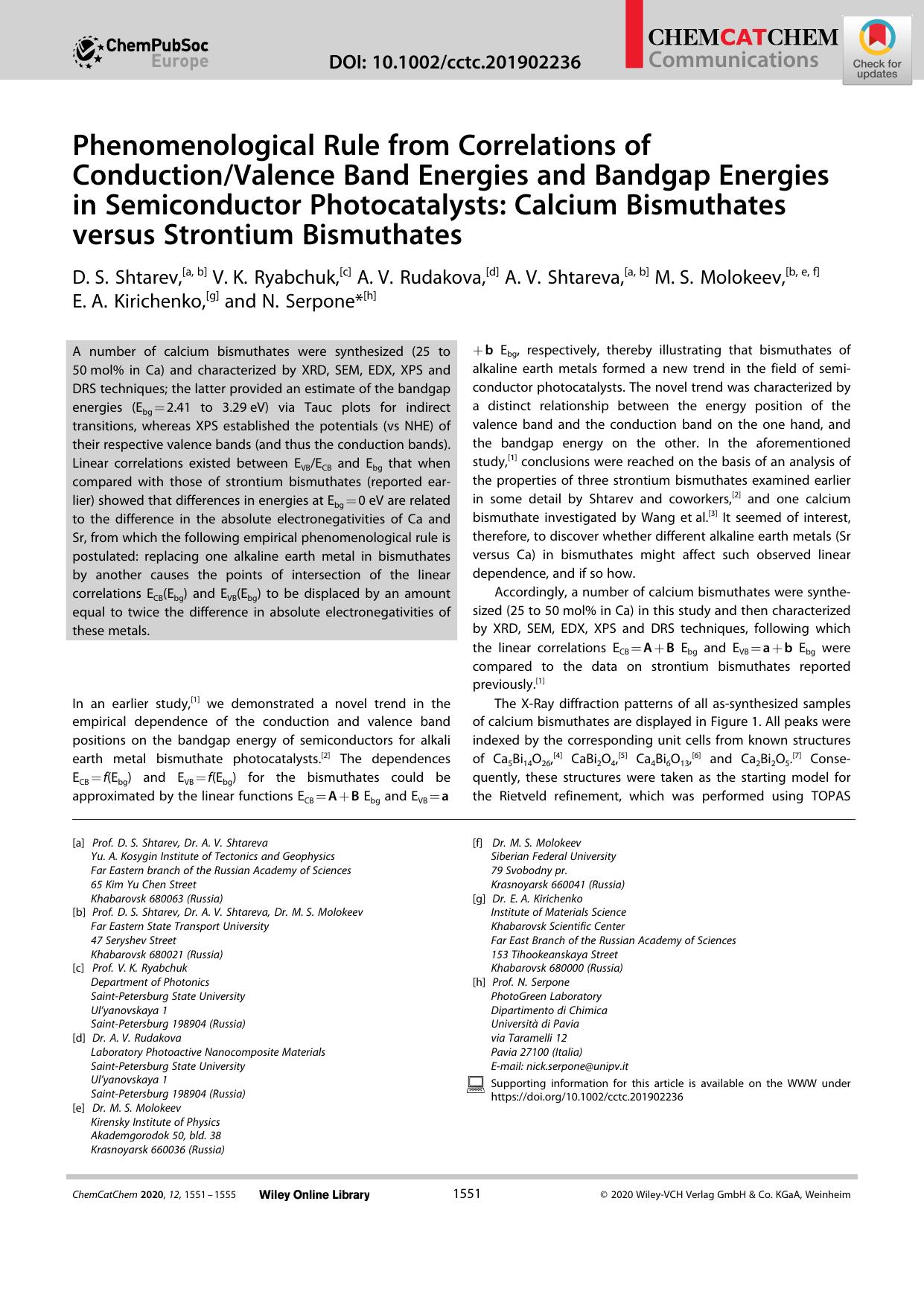 Phenomenological Rule from Correlations of ConductionValence Band Energies and Bandgap Energies in Semiconductor Photocatalysts: Calcium Bismuthates versus Strontium Bismuthates by Unknown