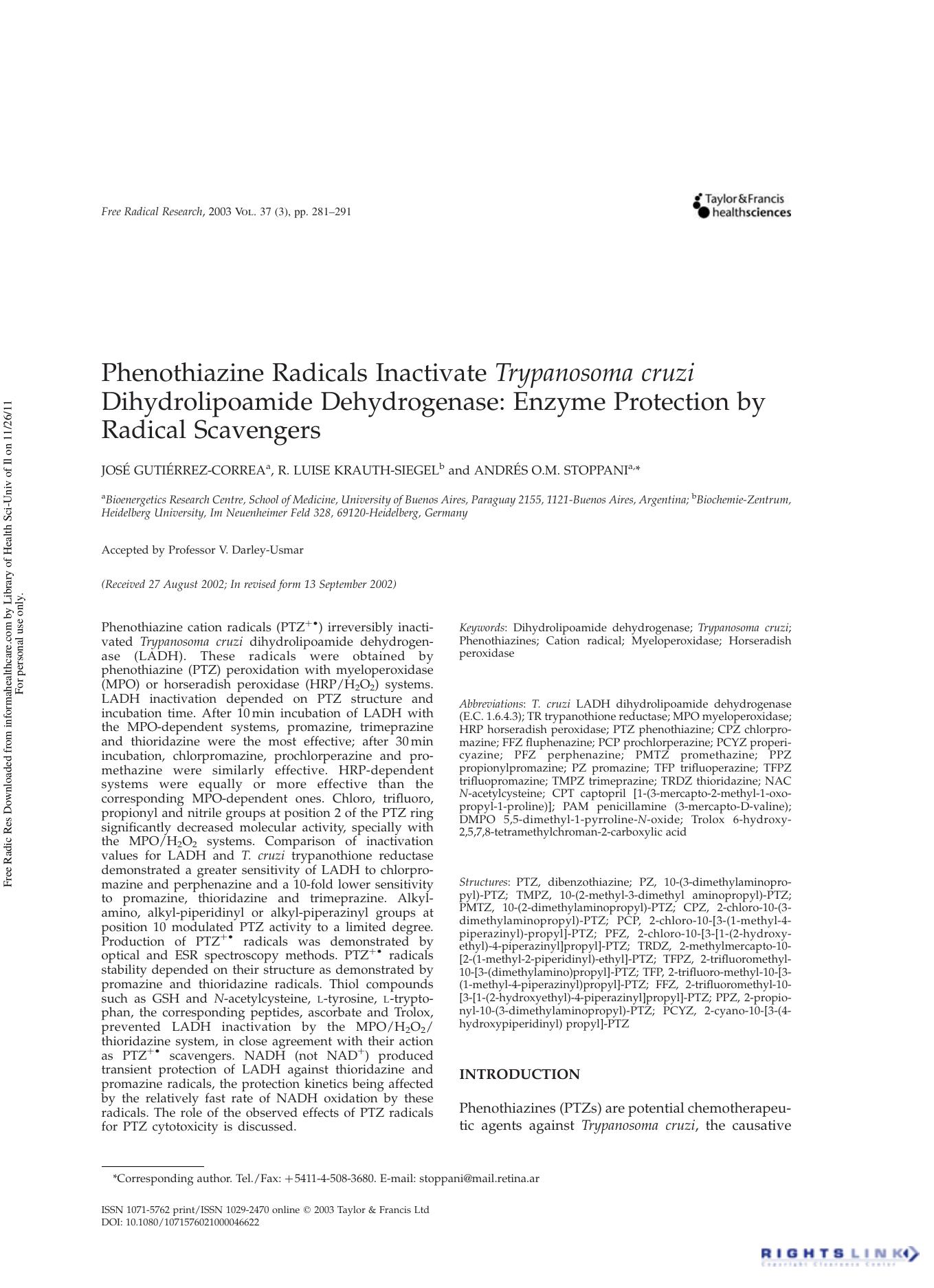 Phenothiazine Radicals Inactivate Trypanosoma cruzi Dihydrolipoamide Dehydrogenase: Enzyme Protection by Radical Scavengers by José Gutiérrez-Correa1 R. Luise Krauth-Siegel2 & Andrés O.M. Stoppani1