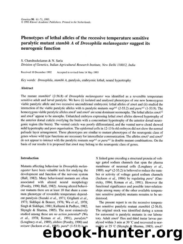 Phenotypes of lethal alleles of the recessive temperature sensitive paralytic mutant <Emphasis Type="Italic">stambh <Emphasis> A of <Emphasis Type="Italic">Drosophila melanogaster  by Unknown