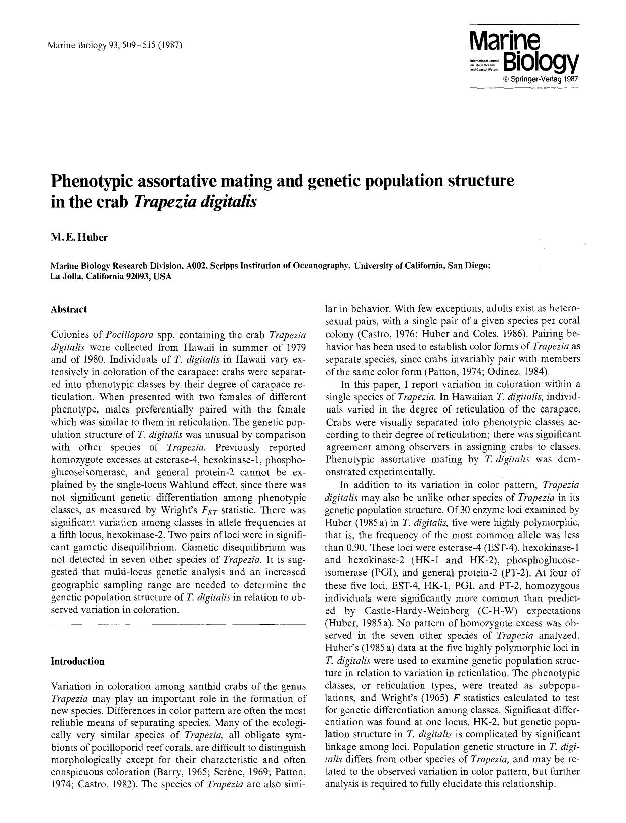 Phenotypic assortative mating and genetic population structure in the crab <Emphasis Type="Italic">Trapezia digitalis<Emphasis> by Unknown