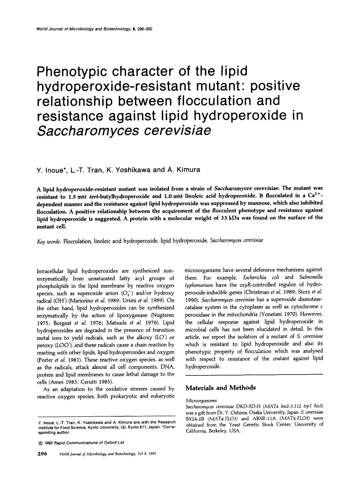 Phenotypic character of the lipid hydroperoxide-resistant mutant: Positive relationship between flocculation and resistance against lipid hydroperoxide in <Emphasis Type="Italic">S by Unknown