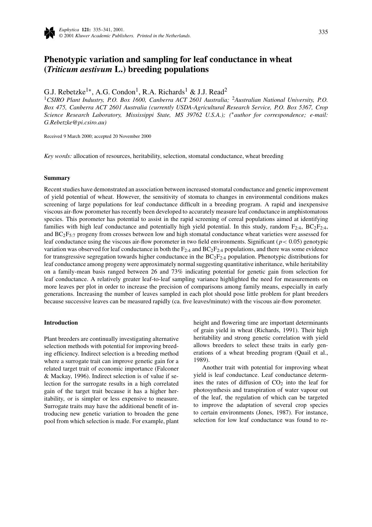 Phenotypic variation and sampling for leaf conductance in wheat (<Emphasis Type="BoldItalic">Triticum aestivum<Emphasis> L.) breeding populations by Unknown