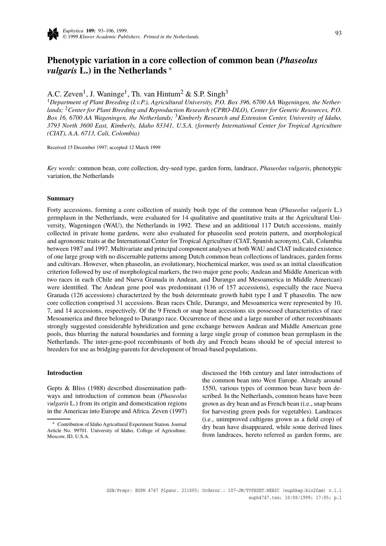Phenotypic variation in a core collection of common bean (Phaseolus vulgaris L.) in the Netherlands by Unknown