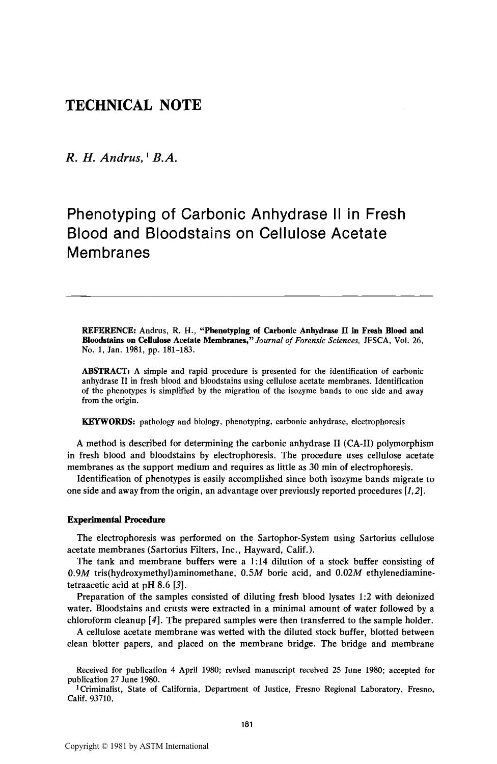 Phenotyping of Carbonic Anhydrase II in Fresh Blood and Bloodstains on Cellulose Acetate Membranes by Andrus RH