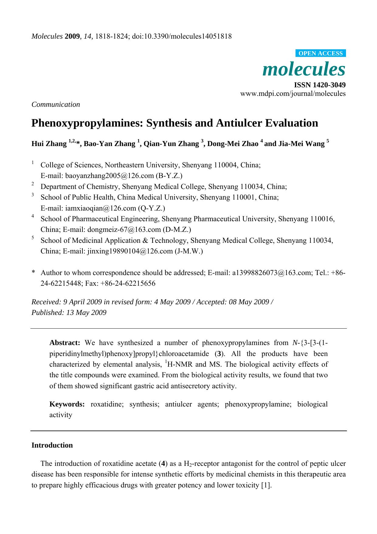 Phenoxypropylamines: Synthesis and Antiulcer Evaluation by Hui Zhang & Bao-Yan Zhang & Qian-Yun Zhang & Dong-Mei Zhao & Jia-Mei Wang