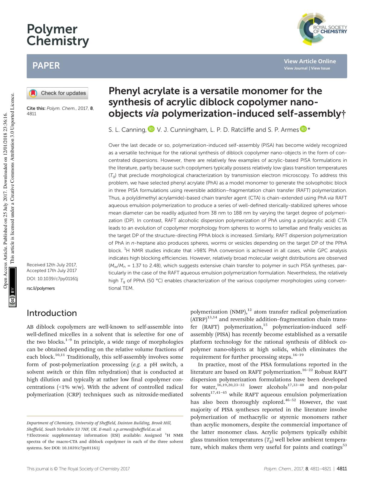 Phenyl acrylate is a versatile monomer for the synthesis of acrylic diblock copolymer nano-objects via polymerization-induced self-assembly by S. L. Canning V. J. Cunningham L. P. D. Ratcliffe S. P. Armes