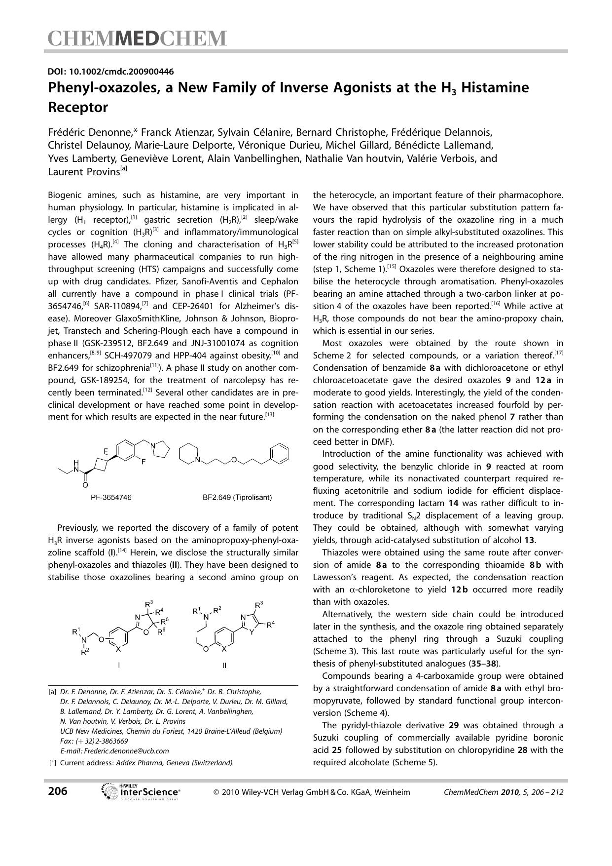 Phenyl-oxazoles, a New Family of Inverse Agonists at the H3 Histamine Receptor by Unknown