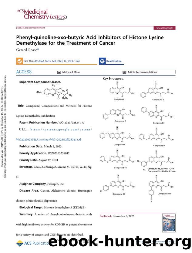 Phenyl-quinoline-xxo-butyric Acid Inhibitors of Histone Lysine Demethylase for the Treatment of Cancer by Gerard Rosse