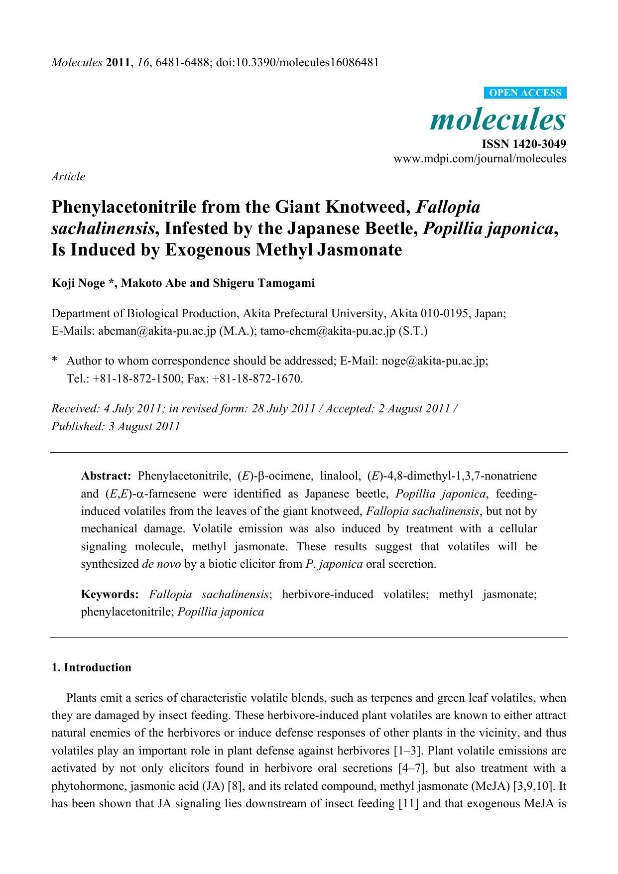 Phenylacetonitrile from the Giant Knotweed, Fallopia sachalinensis, Infested by the Japanese Beetle, Popillia japonica, Is Induced by Exogenous Methyl Jasmonate by Koji Noge & Makoto Abe & Shigeru Tamogami