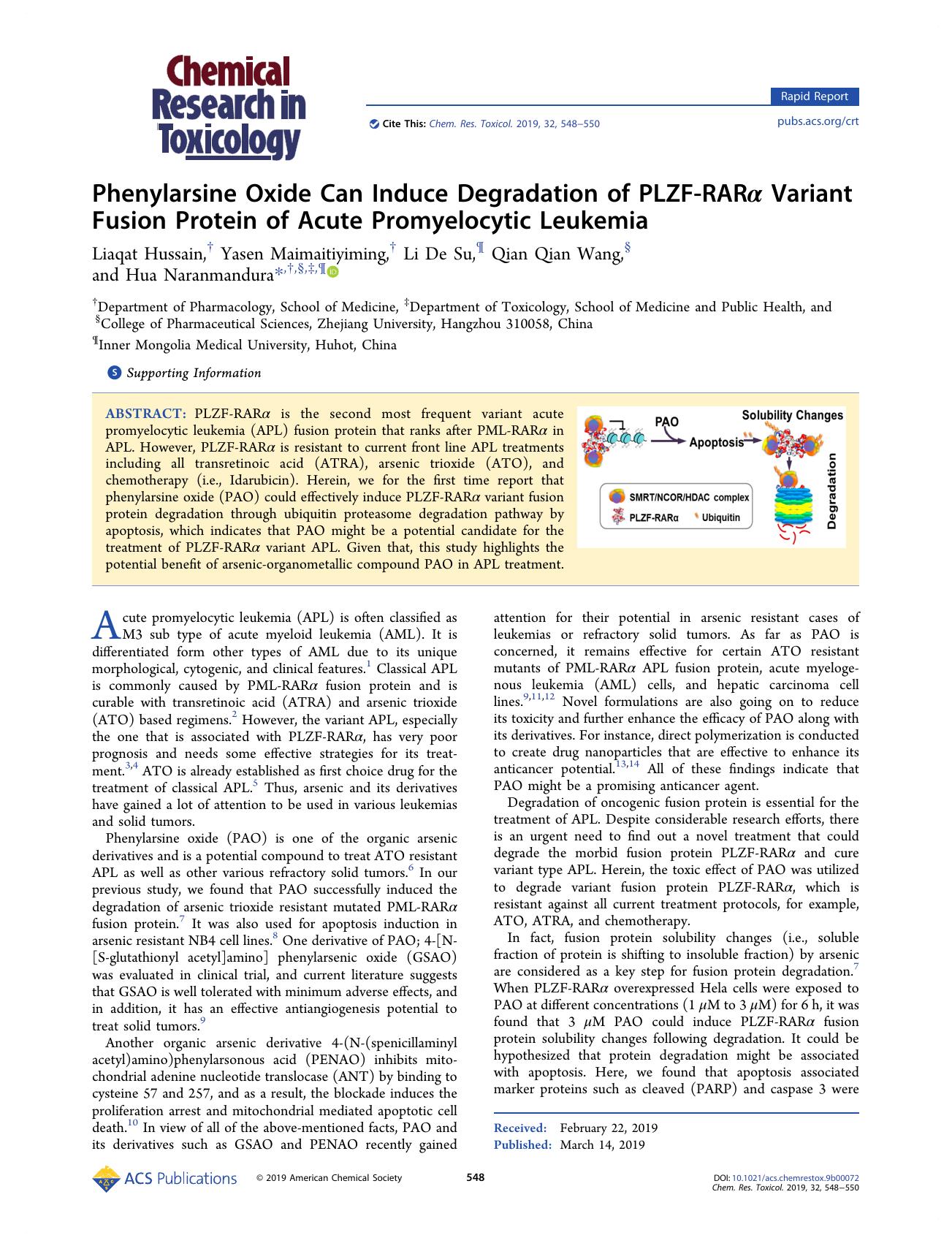 Phenylarsine Oxide Can Induce Degradation of PLZF-RARÎ± Variant Fusion Protein of Acute Promyelocytic Leukemia by Liaqat Hussain Yasen Maimaitiyiming Li De Su Qian Qian Wang and Hua Naranmandura
